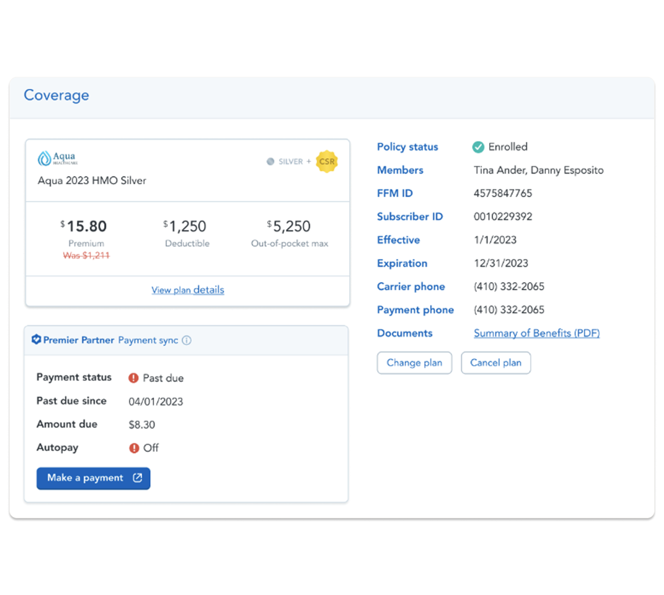 Plan card with Carrier Policy Status information included