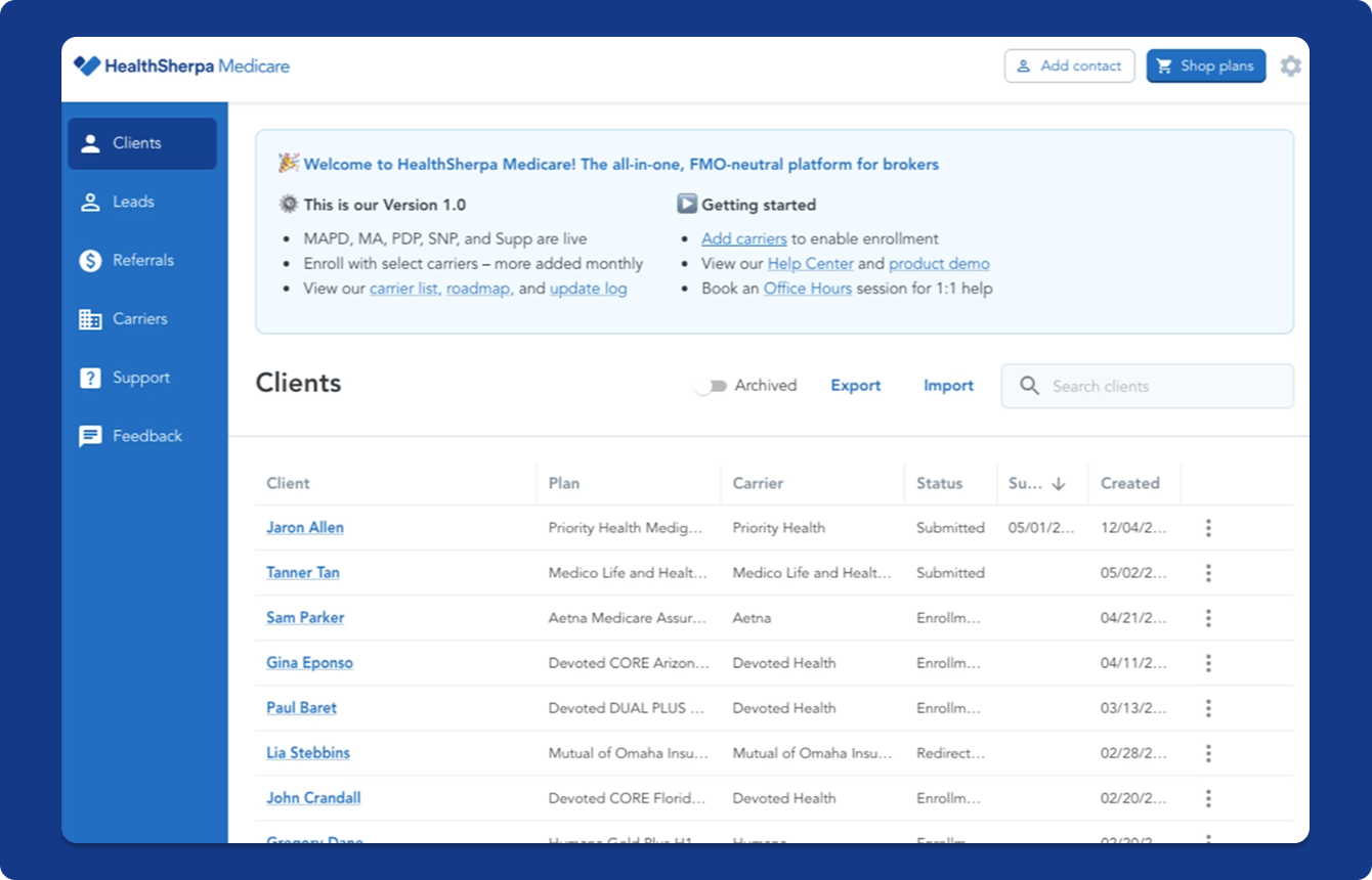 Screenshot of platform