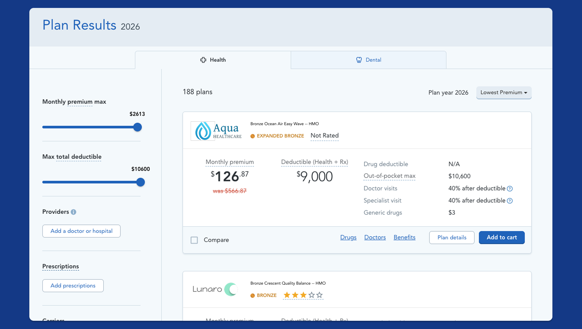 Screenshot of shopping cards